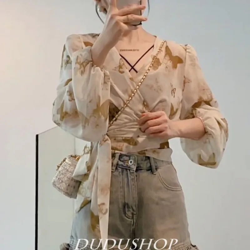 Elegantes Damen-Hemd mit V-Ausschnitt, Damen-Cardigan-Blusen mit Frühlings-Tinten-Print