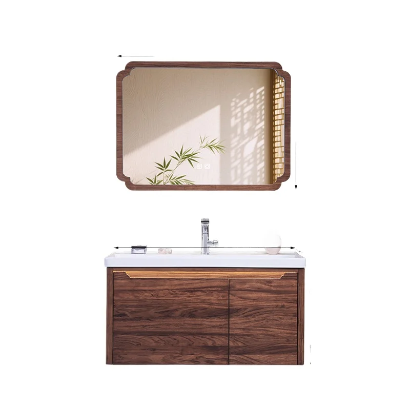 

New Chinese bathroom cabinet combination solid wood washstand rock slab hot bending ceramic integrated basin bathroom cabinet