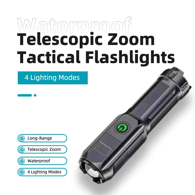 

Тактический фонарик с телескопическим зумом дальнего действия, перезаряжаемый светодиодный фонарик, 4 режима освещения, водонепроницаемый фонарик для кемпинга, рыбалки