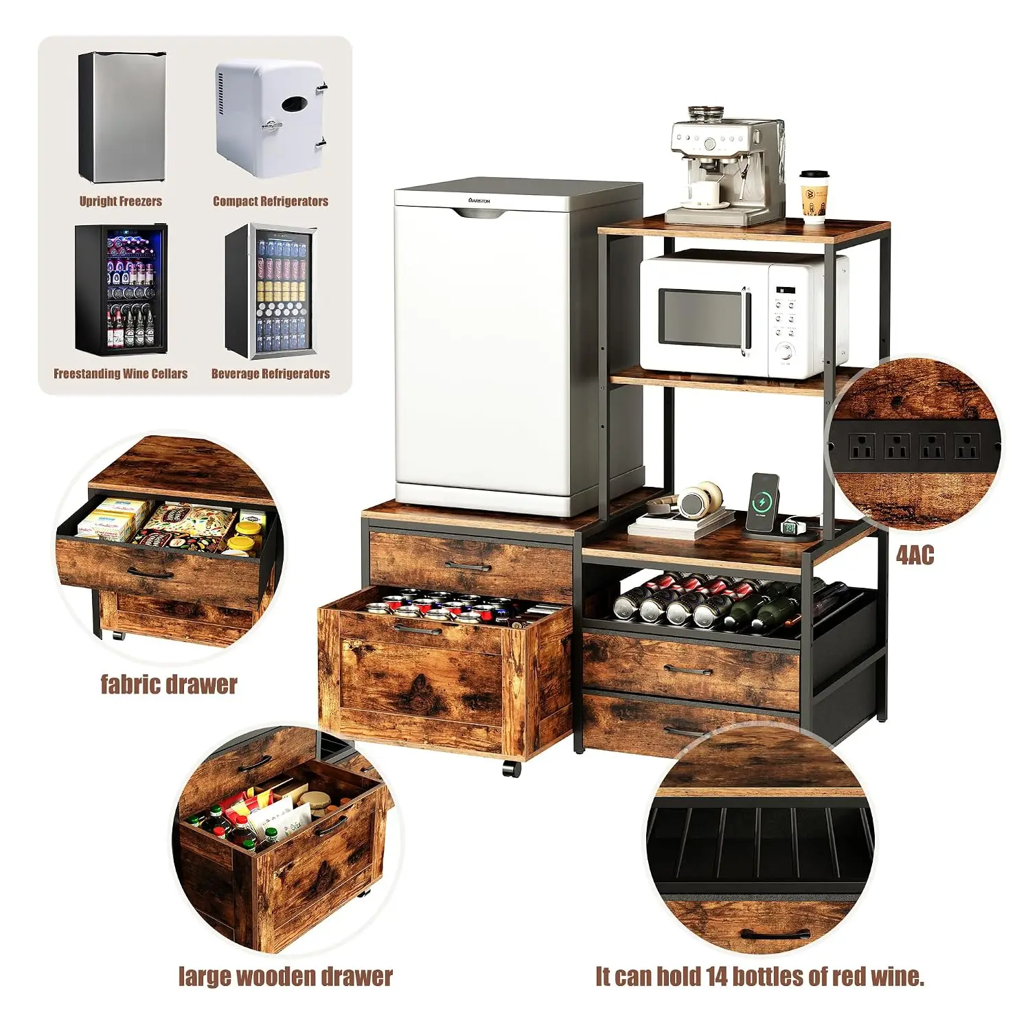Mini Fridge Stand with Wine Rack & Outlet, Kitchen Storage Shelf, 4-Tier Metal Organizer, Customized