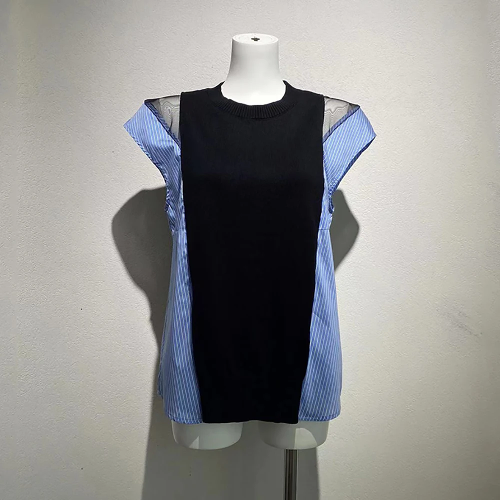 Cotton-Blend Contrast-Color Knit Lace-Panel Women's T-Shirt Elegant Commuter Crewneck Short-Sleeve Tees Top Spring 2026 New Y2k