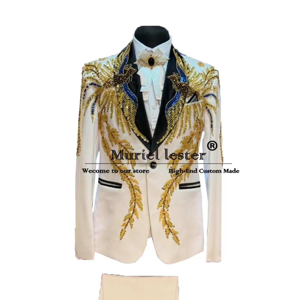 

Exquisite Beads Crystals Men's Suit Customized 2-Piece Sets Man Prom Party Blazer Italian Design Groom Tuxedo vestidos de novia