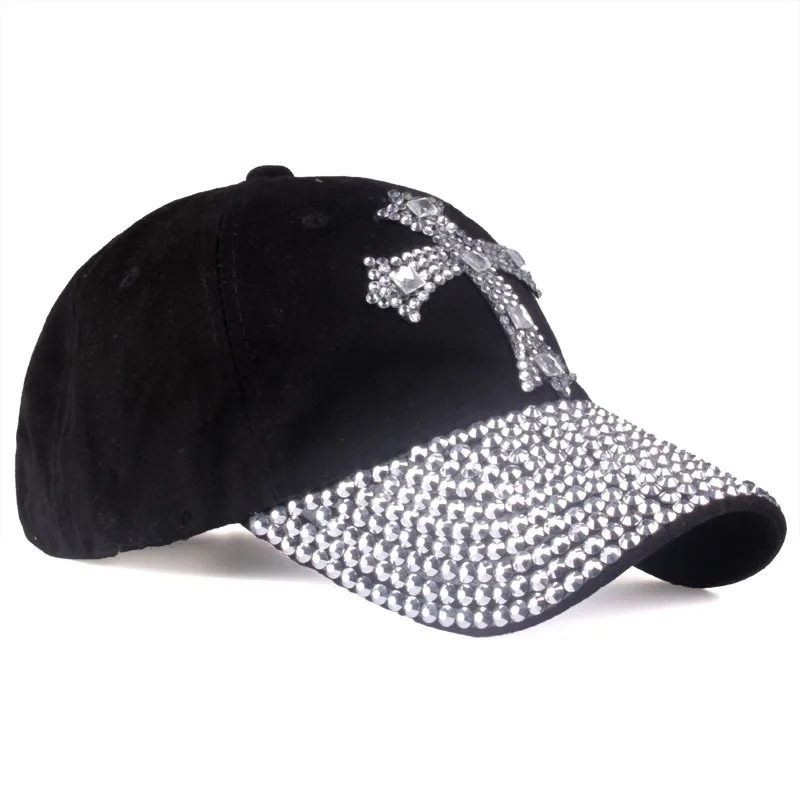 Leisure Cross Printed Baseball Cap Fashion Rhinestone Adjustable Outdoor Sports Cap for Women Men Cotton Sun Hat Hip-Pop Decor