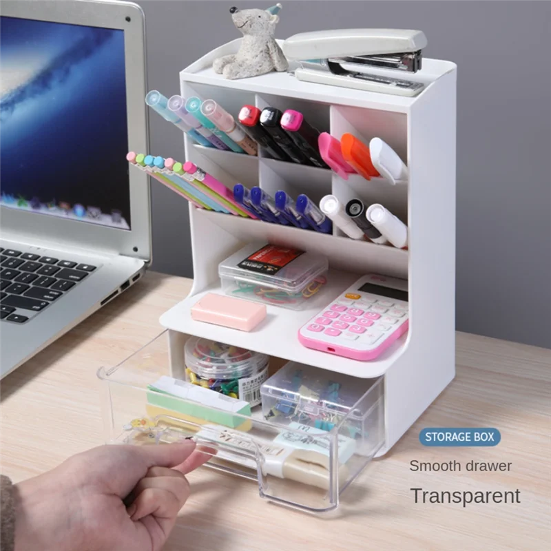 Desk Organizer, Desk Pen Holder, Pencil Organizer With 7 Compartments And 1 Drawer For School, Dormitory Storage Rack