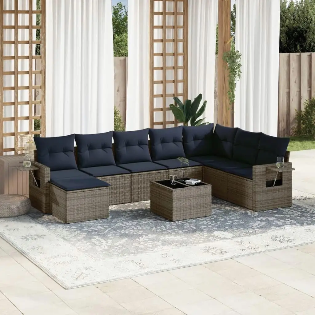 

Comfortable 9 Piece Outdoor Patio Sofa Set with Cushions Grey Poly Rattan Furniture for Garden Balcony Poolside