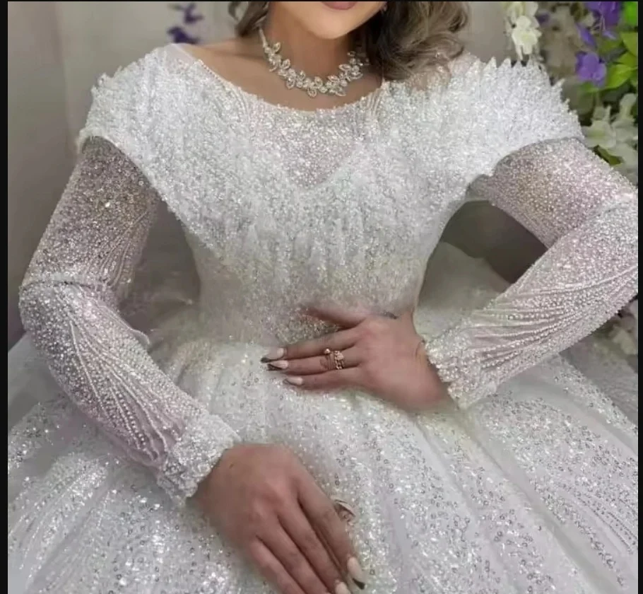 تخصيص الفاخرة اليدوى الخرز الثقيل الترتر Ballgown فستان الزفاف Vestidos De Novia طويلة الأكمام فساتين الزفاف الأنيقة #3