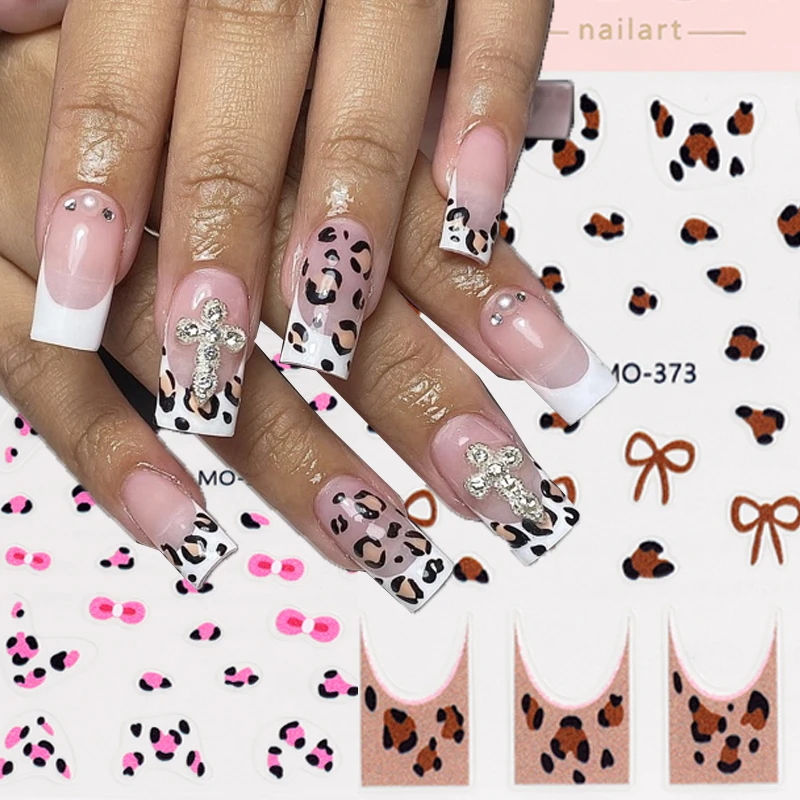 Bow Leopard Nail Sticker Decal 3D Nail Art Stickers Adhesive French Bowknot Print Design DIY Manicure Decals Decorations Slider