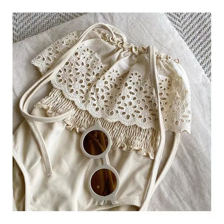 deer jonmi 2026 Summer Korean Style Baby Girls Swimsuits Lace Hollow Out Toddlers Kids Beach Vacation Bikini Children Swimwear