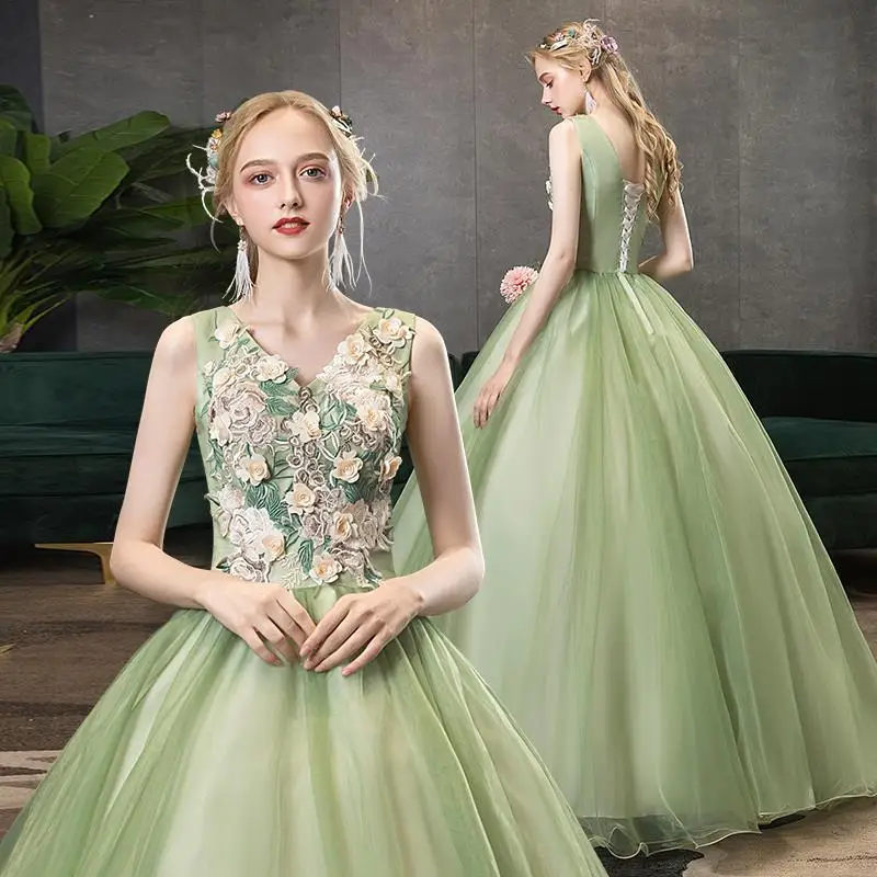 

Autumn New French Bean Green Light Wedding Dress2026three-dimensional Flower Sleeveless Long Style Fluffy Chiffon Princess Dress