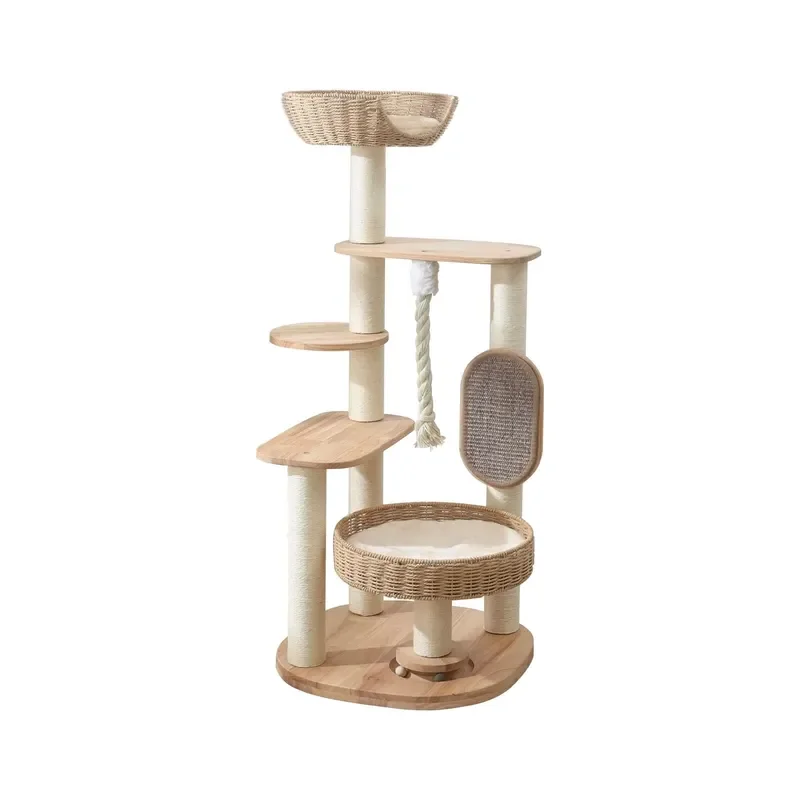 for  Wooden Cat Tower Multi Level Cat Condo with Hand Woven Bed Scratching Board Easy Clean Indoor Cat Tree