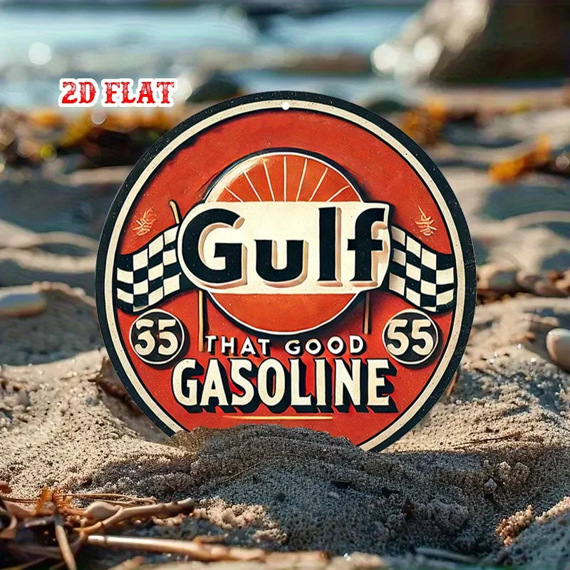 2D شقة، 1PC خمر الخليج 55 البنزين الألومنيوم معدن القصدير تسجيل - 7.87x7.87 بوصة تصميم جولة متقلب العلم، ريفي جدار الفن ل #4