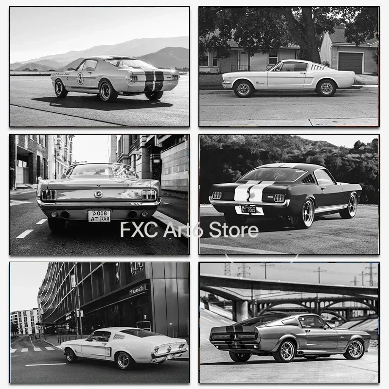 1PC frameless Black and White Ford Mustang Classic Luxury Car Poster Canvas Painting Print Wall Art Picture for Living Room Shop