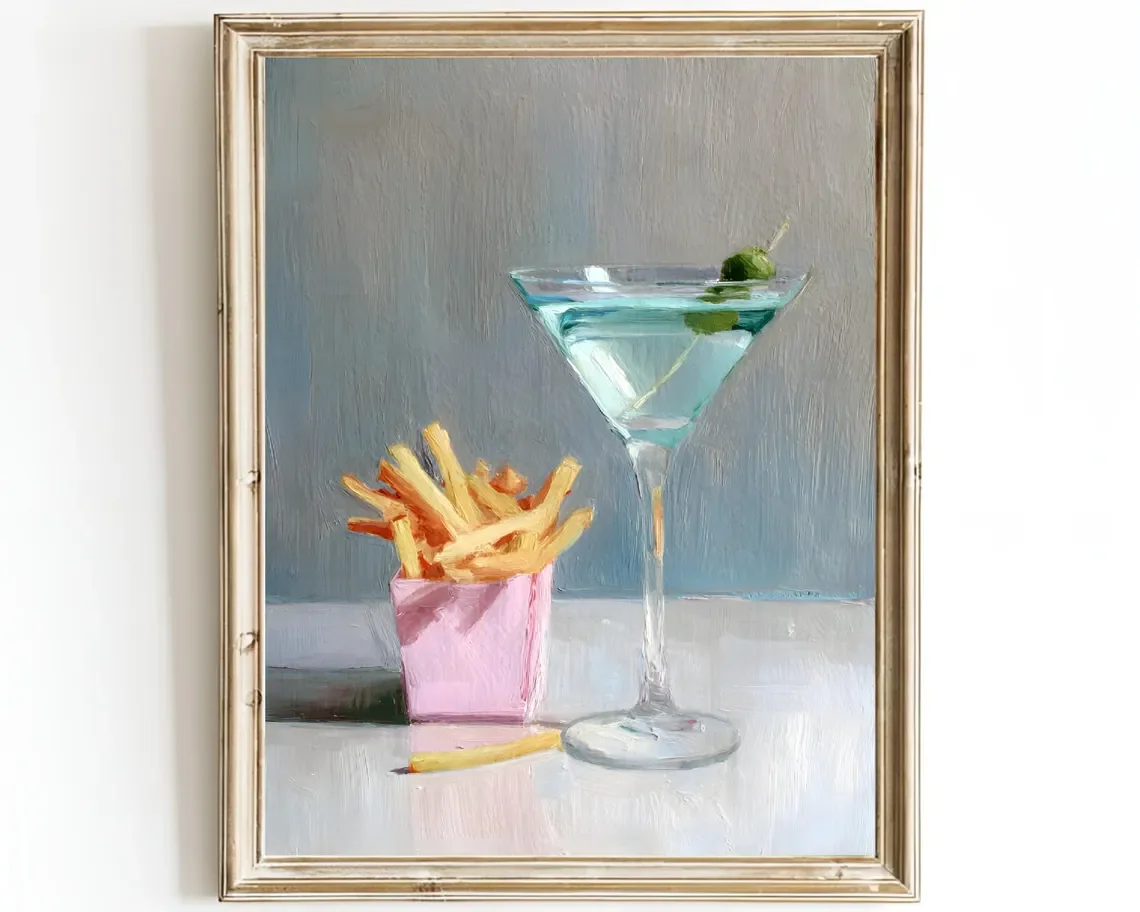 Martini und Pommes Frites Küchenkunst – Verspielte Lebensmittel- und Getränke-Druckgrafiken – Ölgemälde Wandkunst – Retro Bar-Dekor – Gerahmt oder auf Leinwand