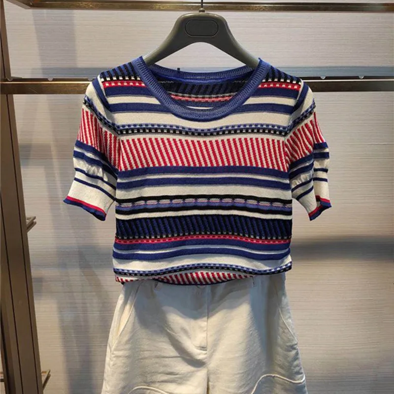 100% Cotton Women Sweater T-shirt New Summer Fashion Short-sleeve O-Neck Pullover Tees Korea Casual Knitted Color Stripe Tops