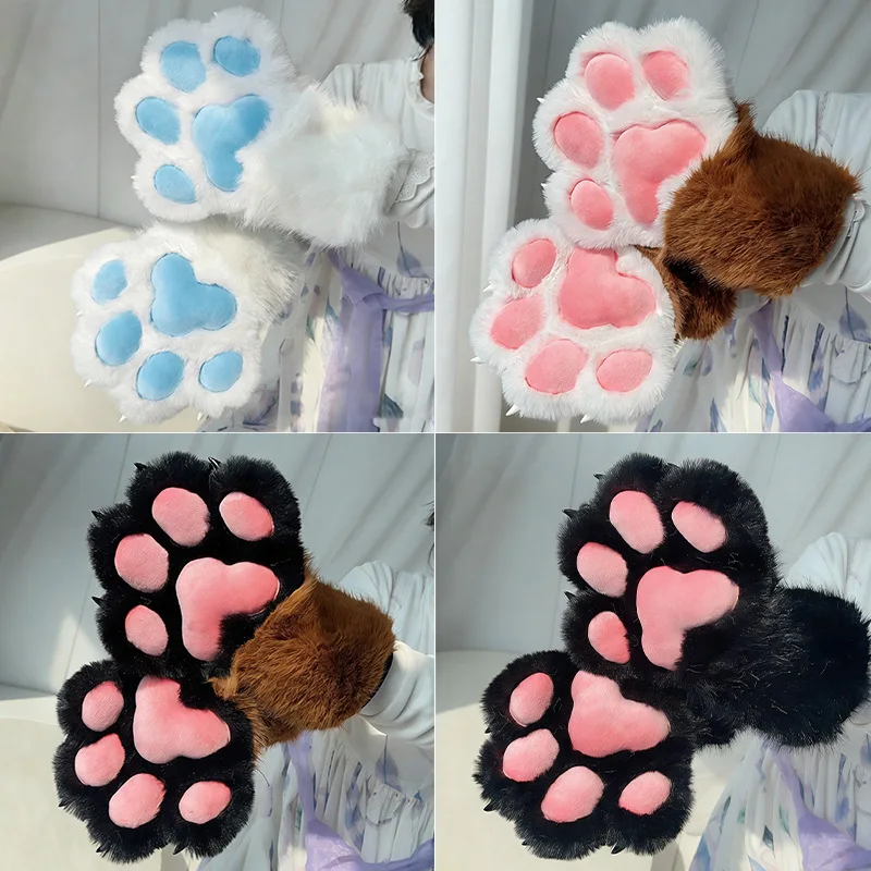 Unisex Furry Cat Paw Gloves Fursuit Kigurumi Hand Paws Resin Claw Squeaker Pad Cosplay Halloween Convention Party 10 Colors