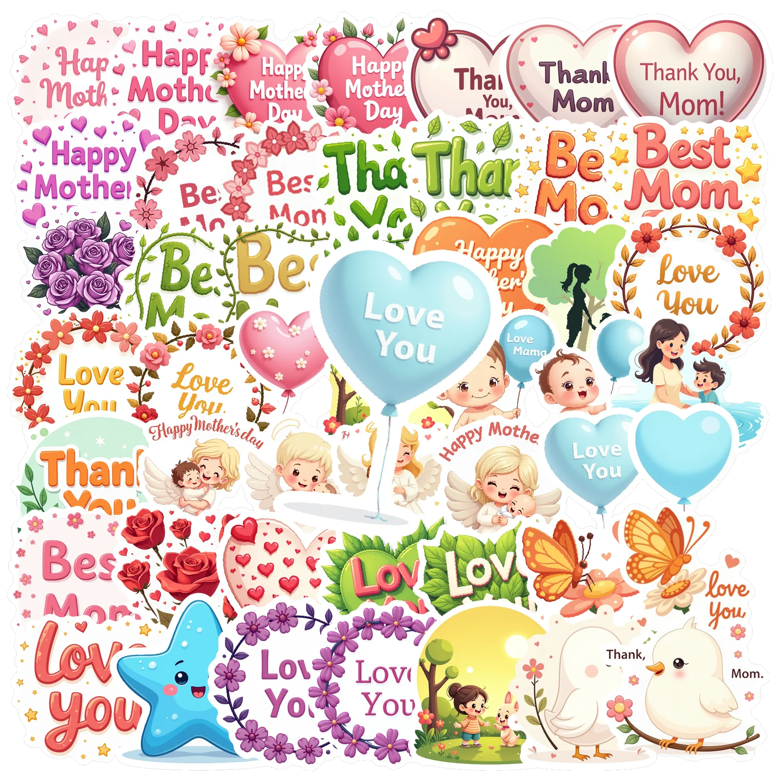 50pcs Love You Stickers Watercolor Stationery Graffiti Stickers Cartoon Diy Skateboard Phone Case Laptop Luggage Book Decals