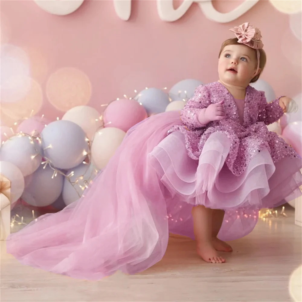 Vestidos de niña de flores bonitos de Organza púrpura, lentejuelas brillantes, hinchadas con lazo, vestidos de fiesta de princesa para fiesta de boda