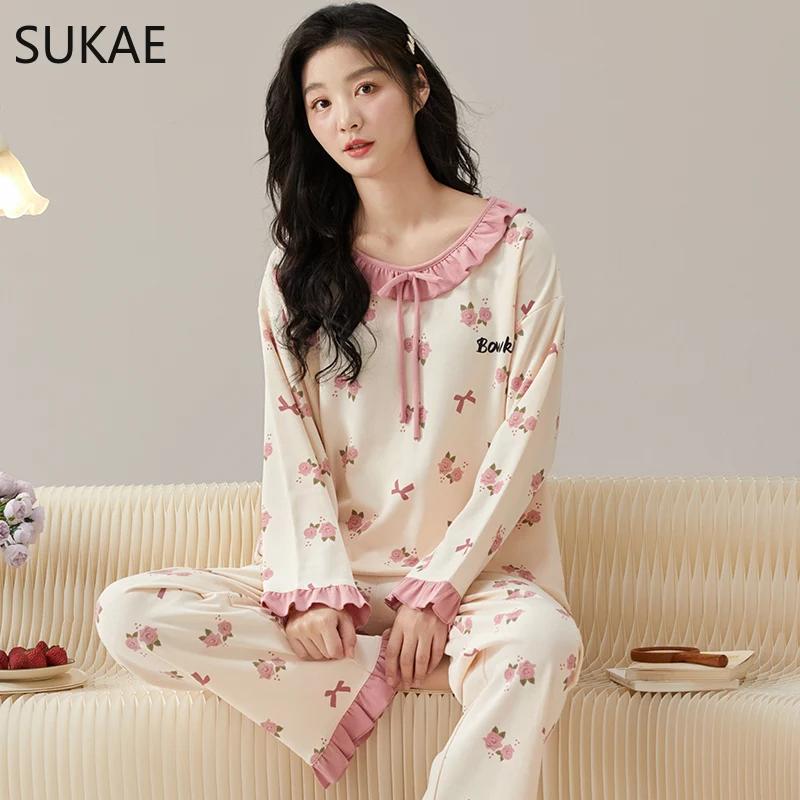 Sukae-女性のための素敵なナイトウェアパジャマセット,フェイクコットンのナイトウェア,女性のためのレジャーパジャマ,長袖,シックなホームウェア,秋冬,新しい