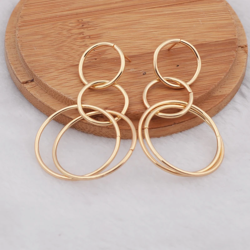 Retro Three Layer Round Dangle Earrings for Women Golden Color Metal Circle Long Dangle Earrings Trendy Statement Jewelry