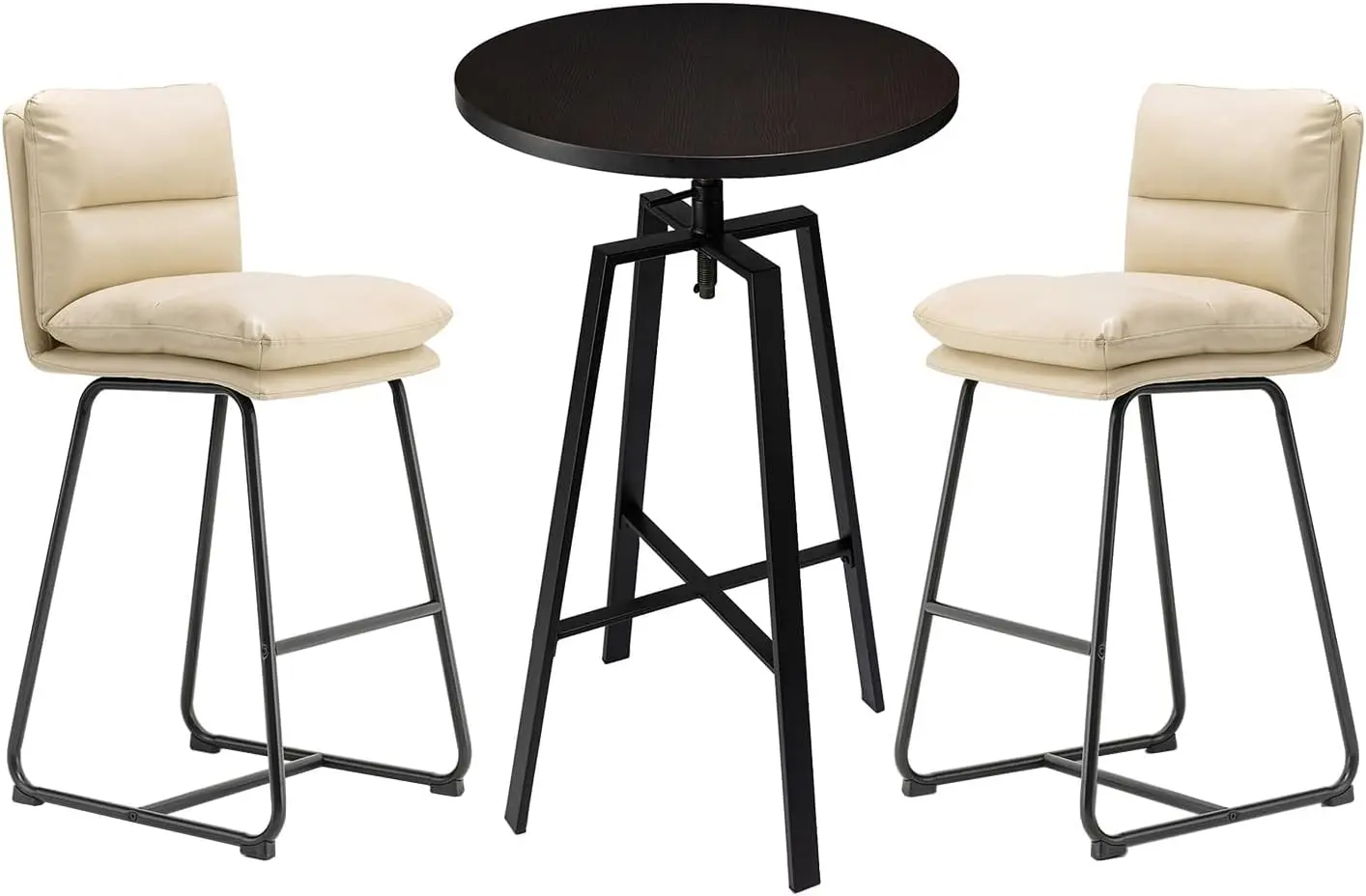 

Glitzhome Pub Table Set - Modern Round Bar Table Height Adjustable With Black Oak Veneer Top And Cream Thick Leatherette Bar