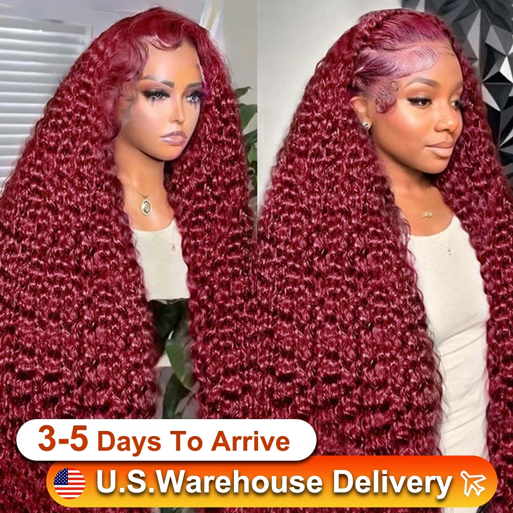 99J Burgundy Deep Wave Human Hair Wig Wet and Wavy Red Colored Curly 36 40 Inch Lace Front Wigs Human Hair Wigs For Black Women