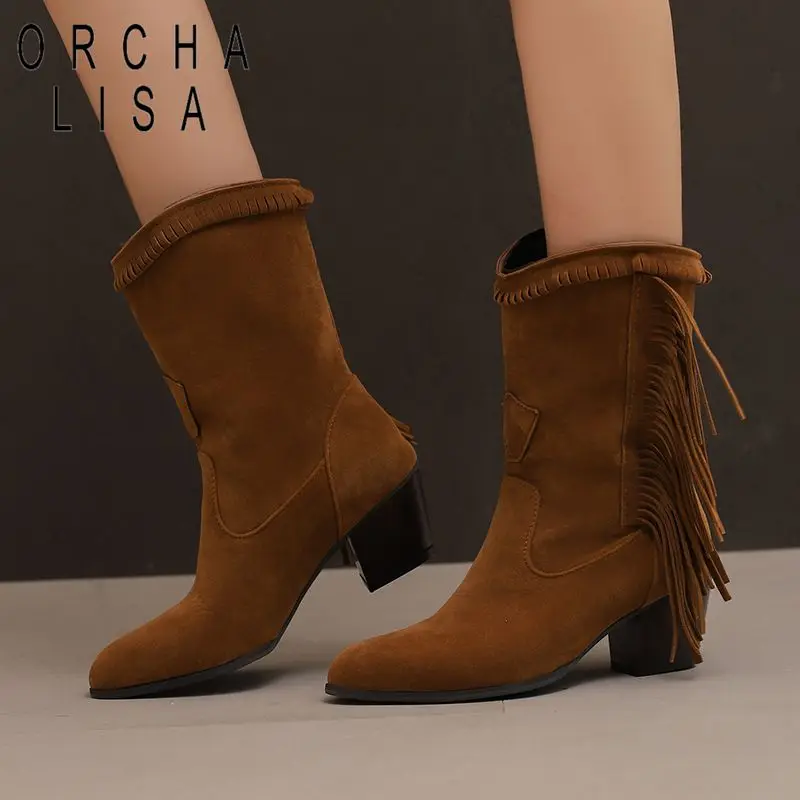 

ORCHA LISA 2025 Women's Mid Calf Boots Round Toe 6cm Block Heels Flock Suede Tassels Plus Size 45-48 Vintage Daily Booties Sale