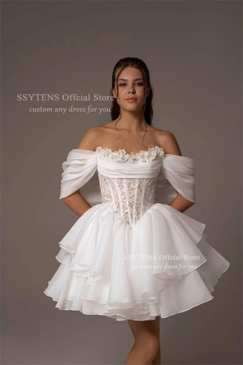Ssytens chique mini vestidos de casamento babados vestidos de noiva em camadas organza fora do ombro branco uma linha robes de celebridade personalizado