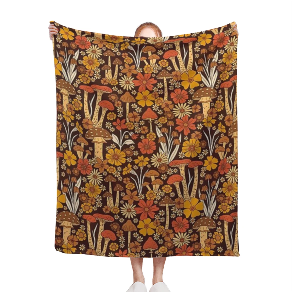 

Retro 1970s Brown & Orange Mushrooms & Flowers blankets Warm Flange blankets Soft and comfortable blanket picnic blanket