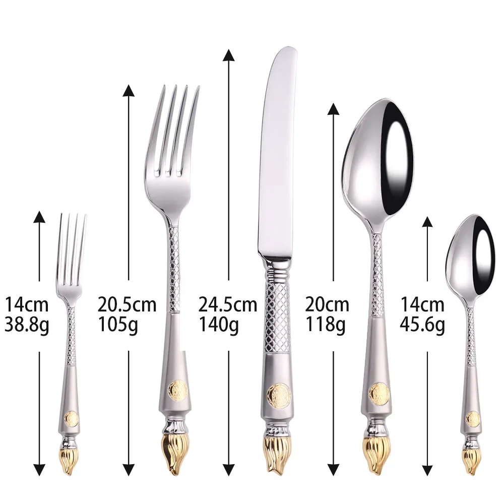 5Pcs Dinnerware Set 18/10 Stainless Steel Cutlery Royal Gilded Torch Shape Handle Spoon Fork Knife Tableware Silverware Western