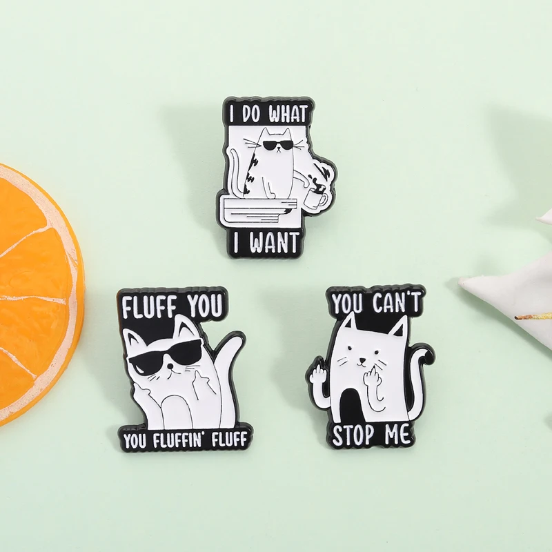I Do What I Want White Cat Enamel Pins You Can't Stop Me Kitten Middle Finger Brooches Lapel Badge Jewelry Gifts for Friends