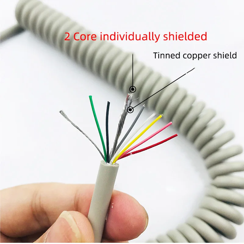 9Core 26AWG 0.15mm2 Gray Spring Spiral Cable Telescopic Wire Stretch 2Core individually shield Stretchable Wire Shrinkable Cable
