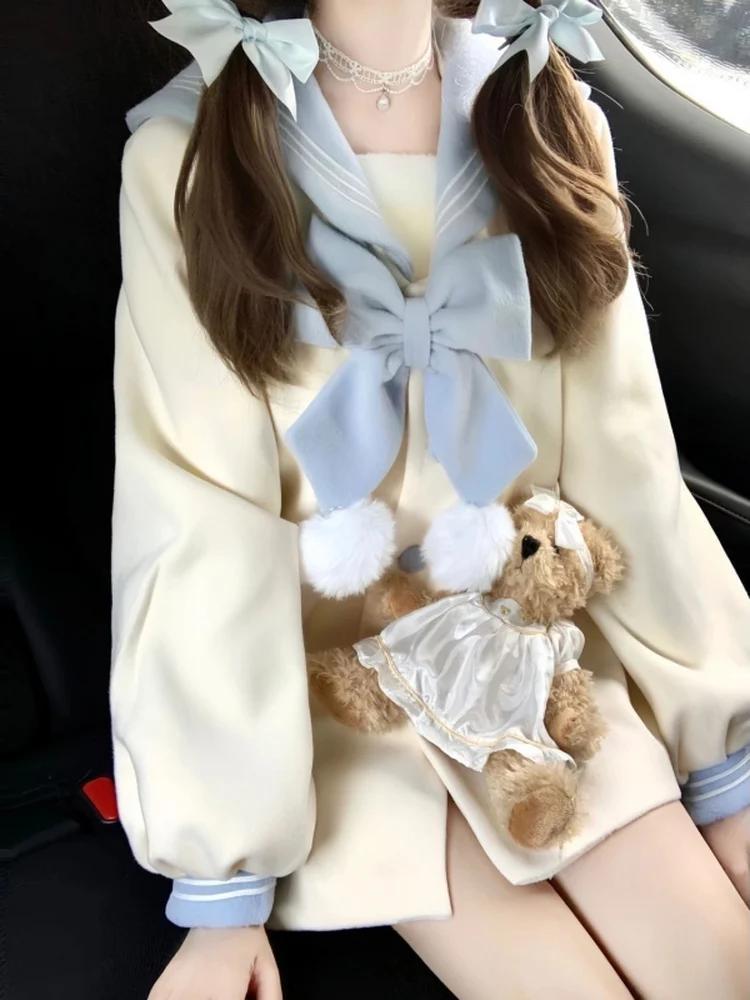 لطيف اليابانية Sle معطف طويل من الصوف البحرية طوق كلية الرياح المرأة الخريف الشتاء معطف صغير الحجم معطف قسط السيدات Faion #2