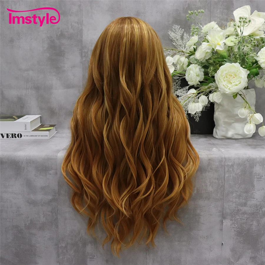 Imstyle Gold Wig T Part Synthetic Lace Front Wig Mixed Long Wavy Wigs For Women Heat Resistant Fiber Daily Cosplay Wigs