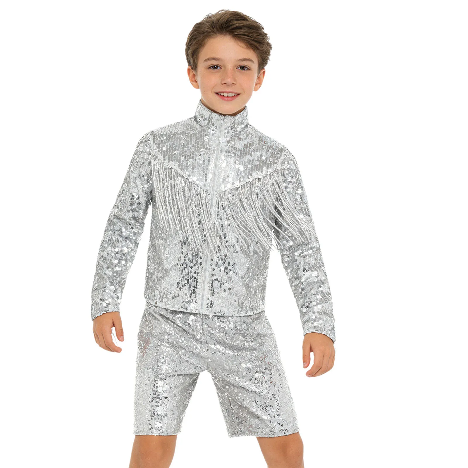Kids Boys Shirts Outfit Shiny 80s Disco Hip Hop Clothes Sequined Choir Jazz Street Dance Wear Child Stage Performance Costume
