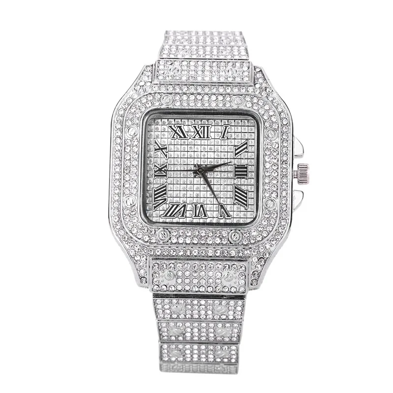 

Fashion Full Diamond Square Quartz Watch for Men Women Luxurious Stainless Steel Strap Rhinestone Studded Dial