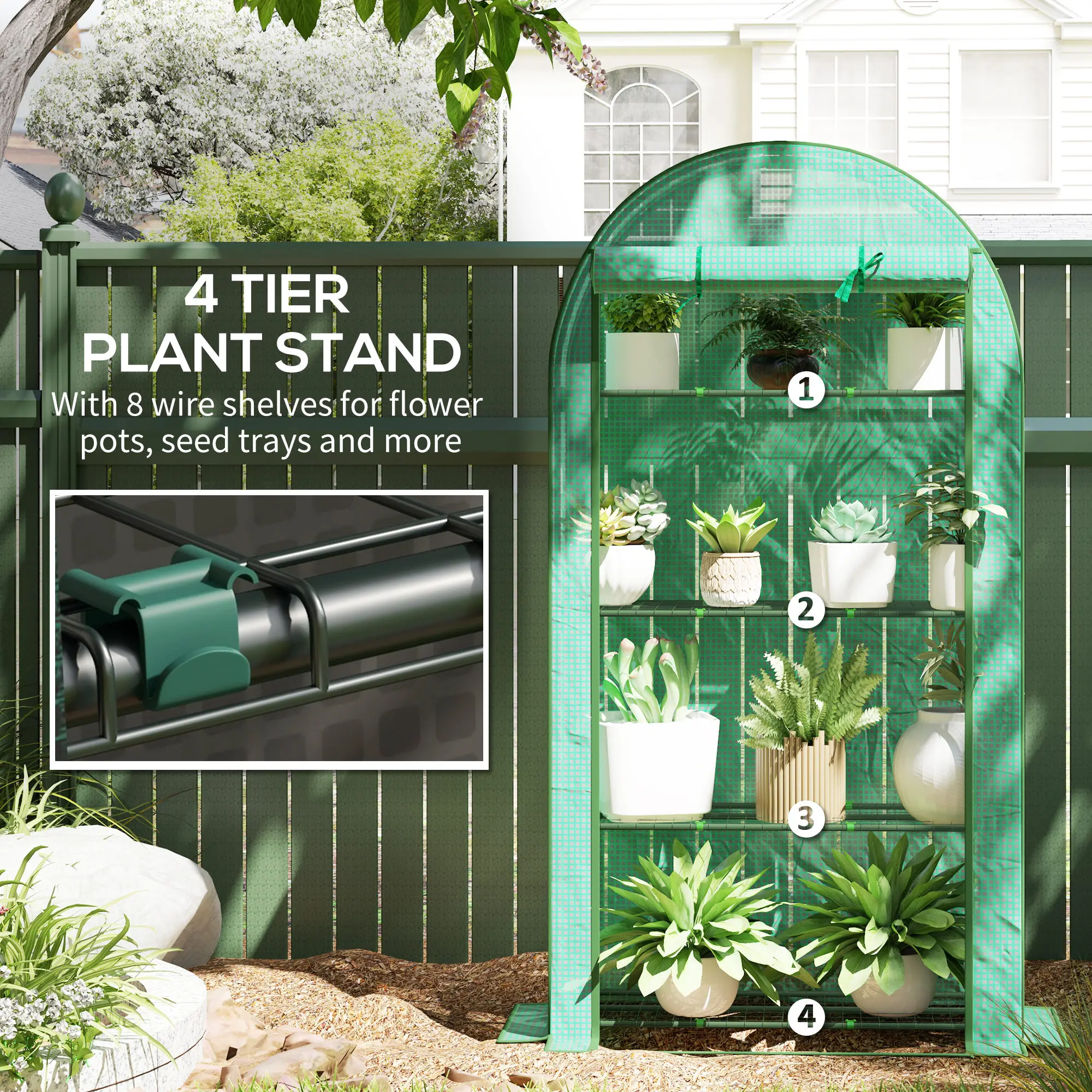 4 Tier Mini Greenhouse with Reinforced Pe Cover, Roll-Up Door, Green