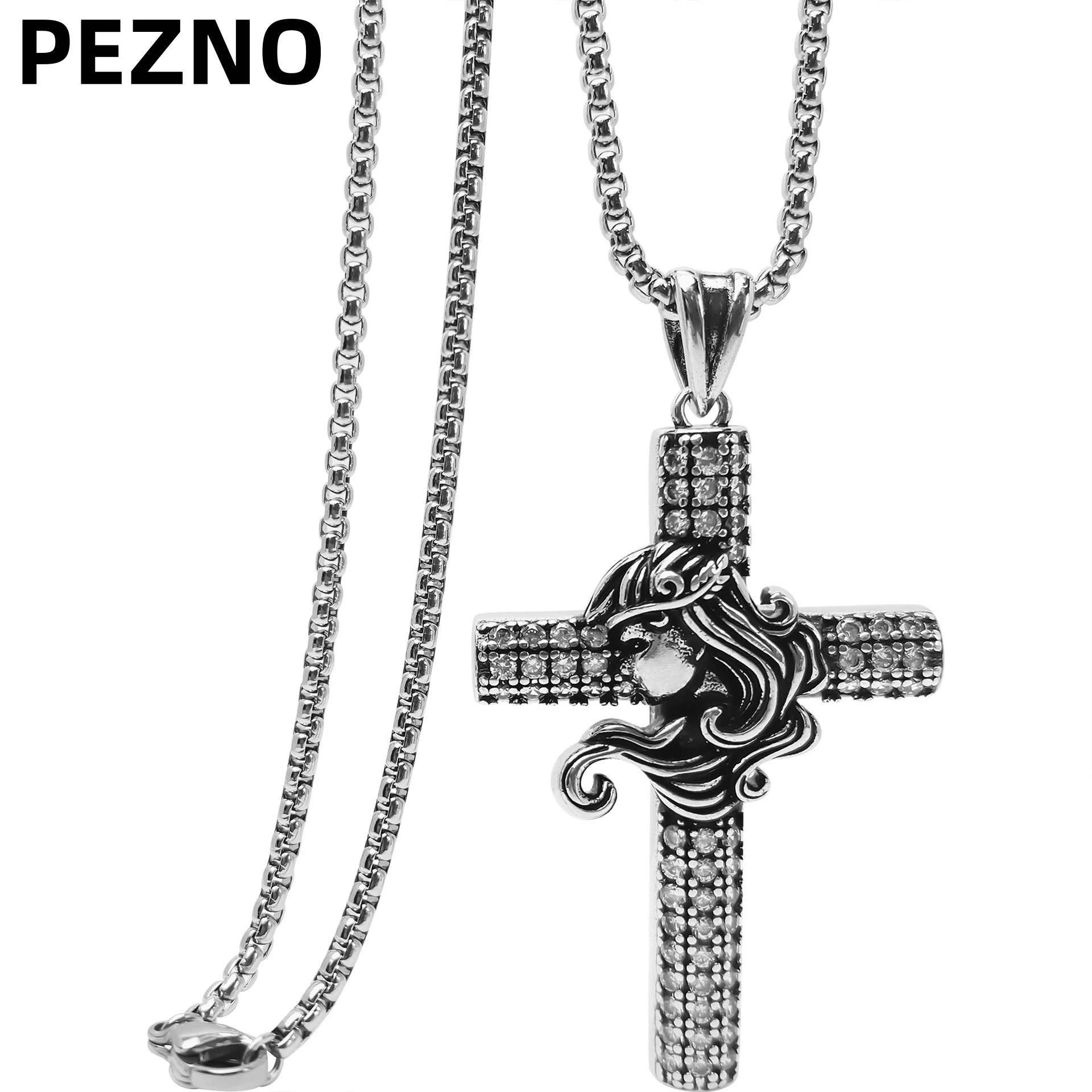 

PEZNO Stainless Steel Cross Necklace with Cubic Zirconia & Goddess Relief | Gothic Jewelry for Men Women Gift