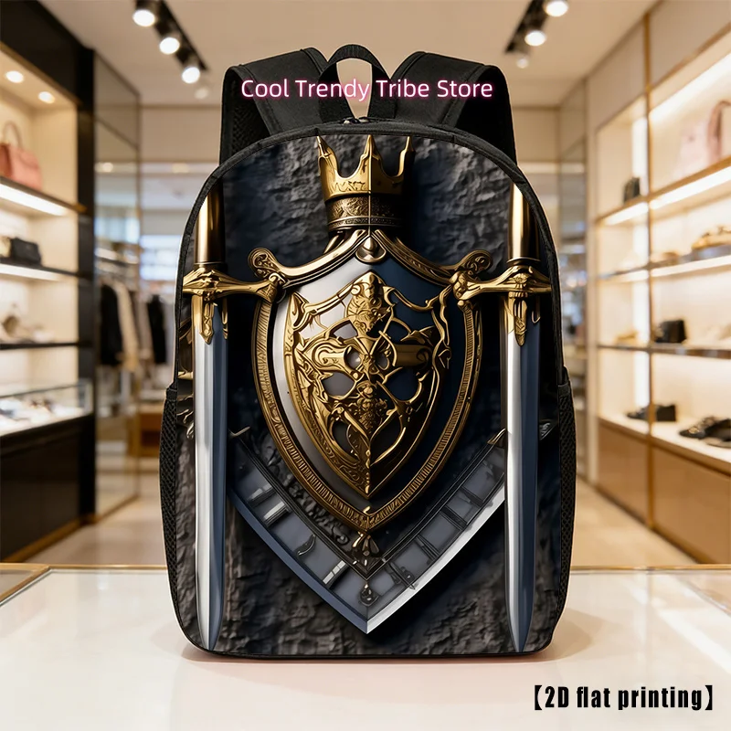 Golden Shield Sword, Lightweight, Large-capacity Unisex Backpack with Adjustable Shoulder Straps, Side Pockets, Suitable for Cas
