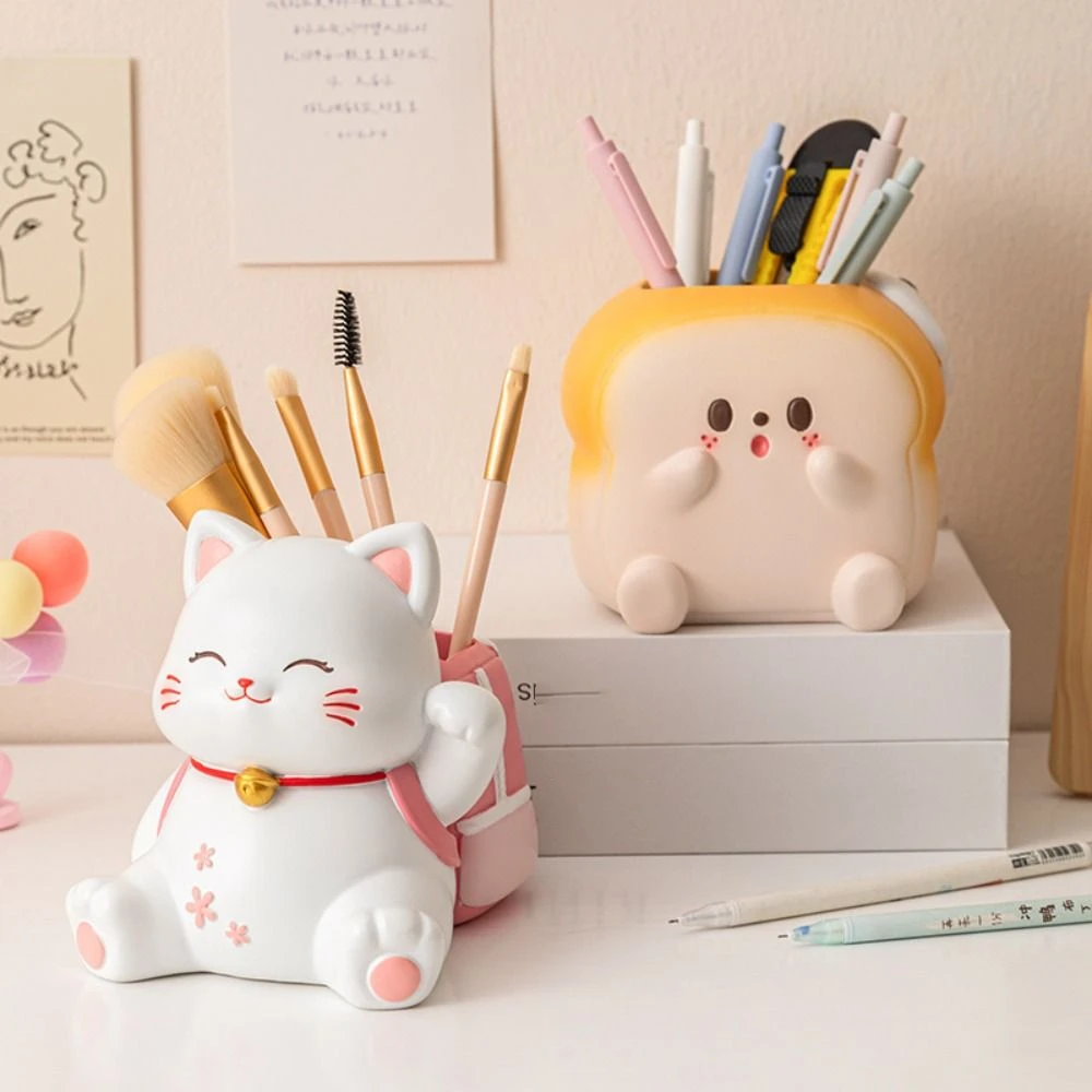 

Novelty Maneki Neko Lucky Bag Pen Holder Toast Cat Pencil Container Organizer Resin Makeup Brush Case Student