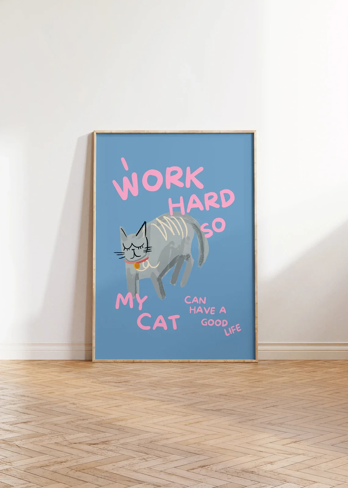 Humorous Cat Lover Wall Print Decor - Whimsical Brushstroke Illustration of a Plump Gray Cat with a Red Collar, Featuring the Re view 4