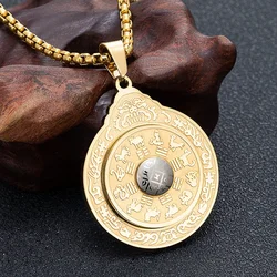 Retro Stainless Steel Rotating Zodiac Nine Palaces Eight Trigrams Pendants Buddha Brand Transport Talisman Religious Necklace