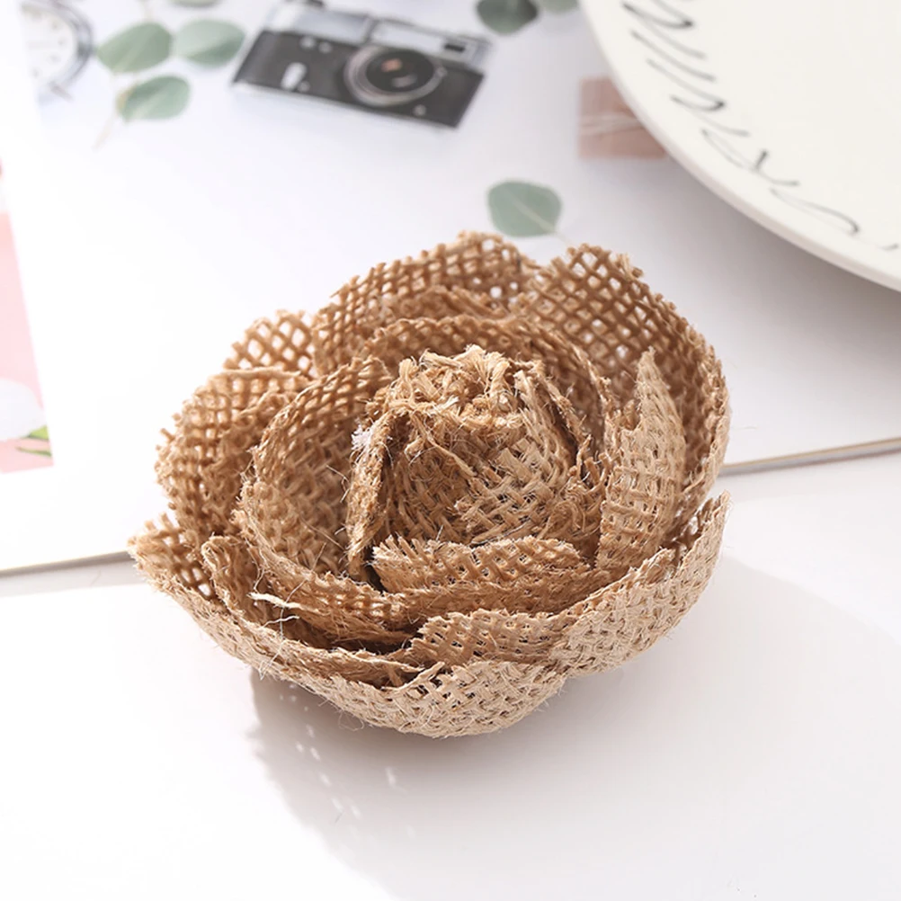 

6Pcs Burlap Rose Flowers Rustic Wedding Party Craft Decoration Bridal Hat Bag Shoe Accessories Natural Jute Floral for Craft