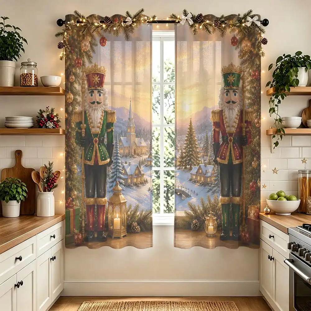 2pcs Christmas Nutcracker Snow Scene Double Sided Curtains Perforated Design Light Blocking Window Drapes for Living Room Bed