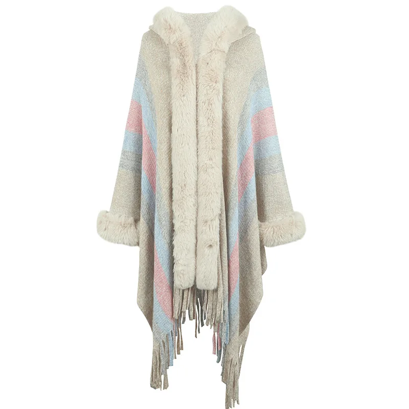 

Drizzle Cross-border Women's Hooded Cloak Fall/Winter New Striped EU/US Knitted Fringe Shawl