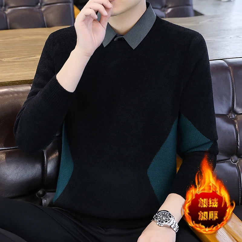 

Мужской утепленный вязаный свитер с воротником-стойкой, модный повседневный стиль, осень-зима, новинка, мягкий полиэстер