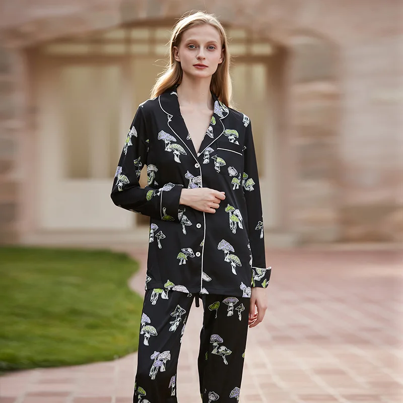 

Mushroom Print Silk Women Pajamas Set Satin Loose Long Sleeved Trousers Set Female Casual Sleepwear Two-Piece Chic Homewear Suit