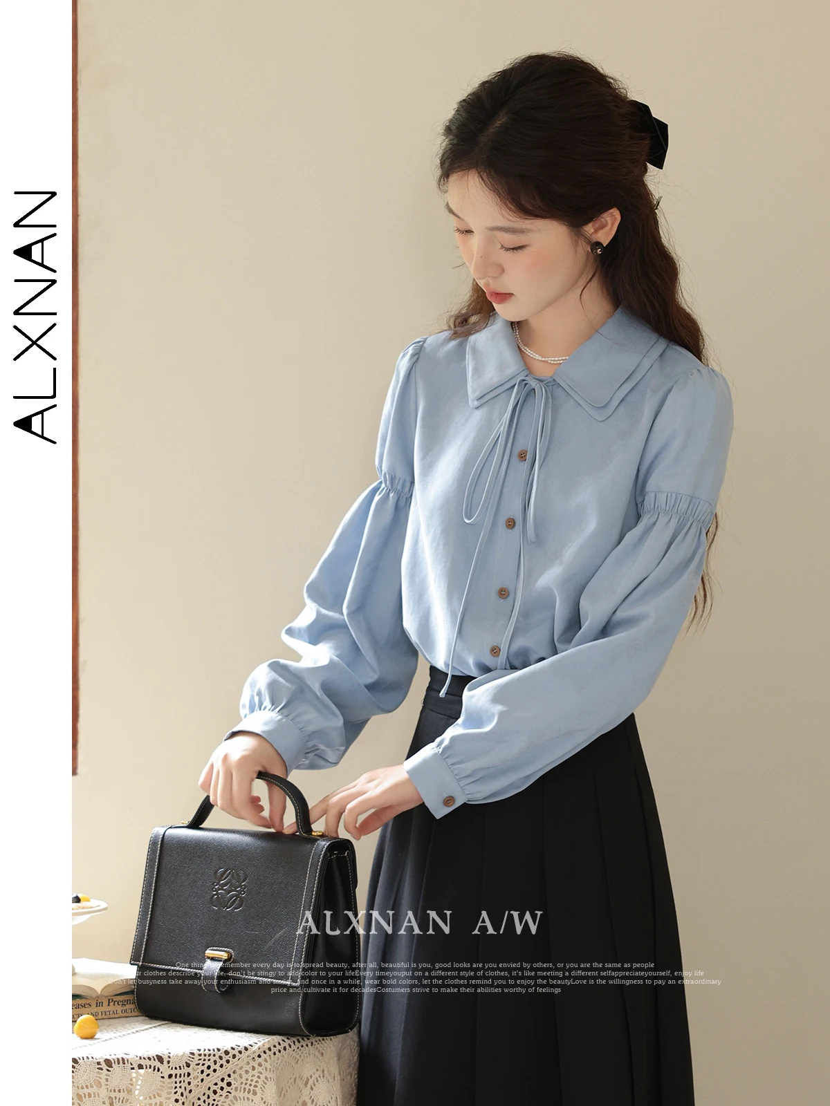 ALXNAN Long Sleeve Shirt for Women 2024 Spring Button Down Shirts & Blouses Women's Double-layer Collar Bow Chic Tops LXN31921