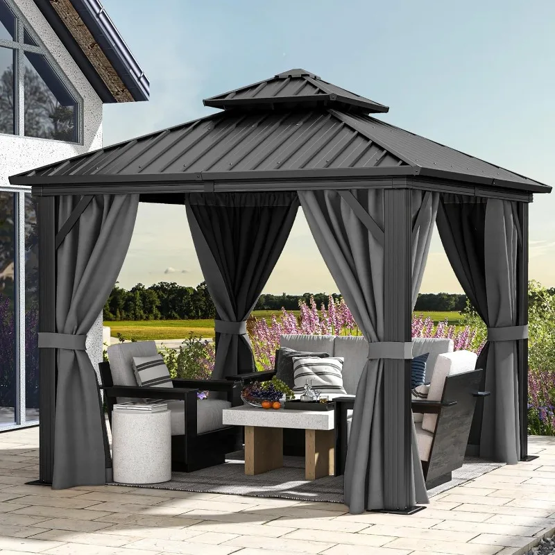 

Hardtop Gazebo Double Roof with Nettings and Curtains, Heavy Duty Galvanized Steel