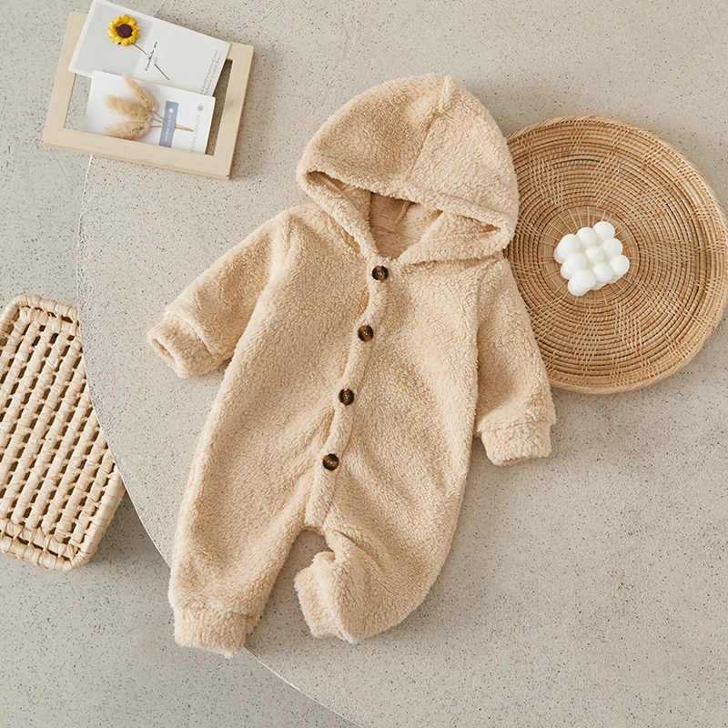 

Suefunskry Lovely Newborn Baby Girl Boy Fleece Jumpsuit Autumn Winter Solid Color Long Sleeve Full Length Hooded Warm Romper