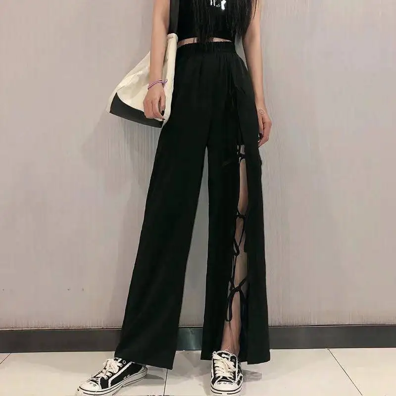 

High Slit Strap High Waist Straight Leg Pants 2024 New Summer Women Loose Hin Wide Leg Pants Female High Street Long Pants 4XL